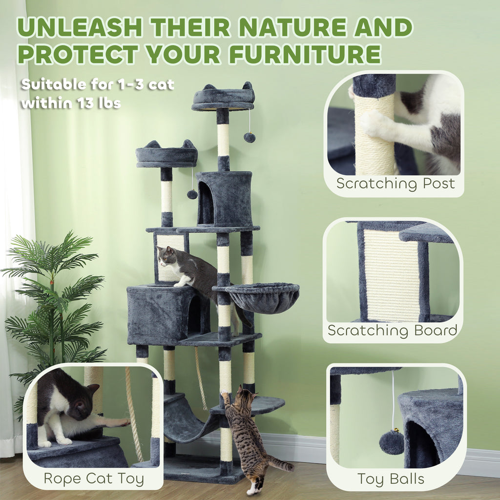  81" Cat Tree w/ Cat Scratching Posts, Scratching Board, Condos, Beds, Hammocks, Toy Balls, Rope Cat Toy, Gray — Cat Trees & 