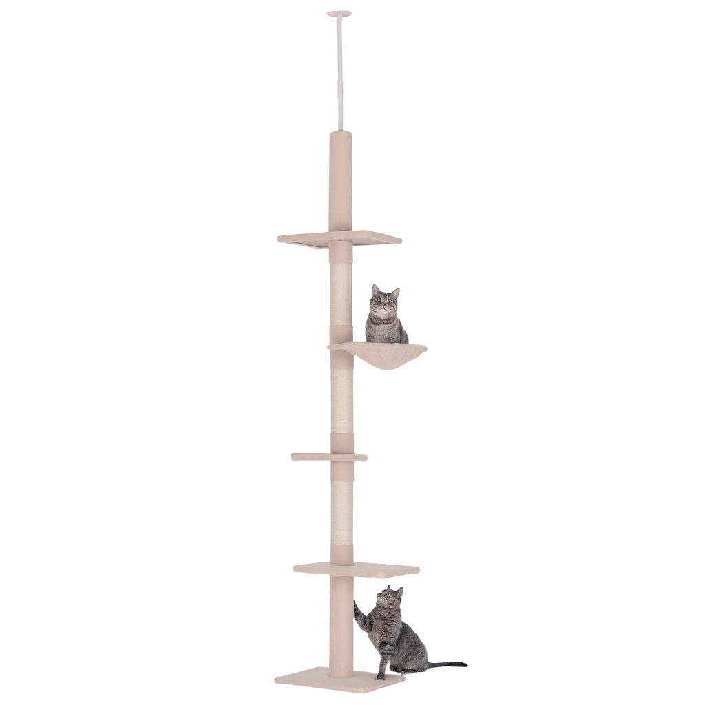  102" Adjustable Height Floor to Ceiling Cat Tree, 5 Level Cat Tower with Scratching Posts, Hammock, Beige — Cat Trees & Cond