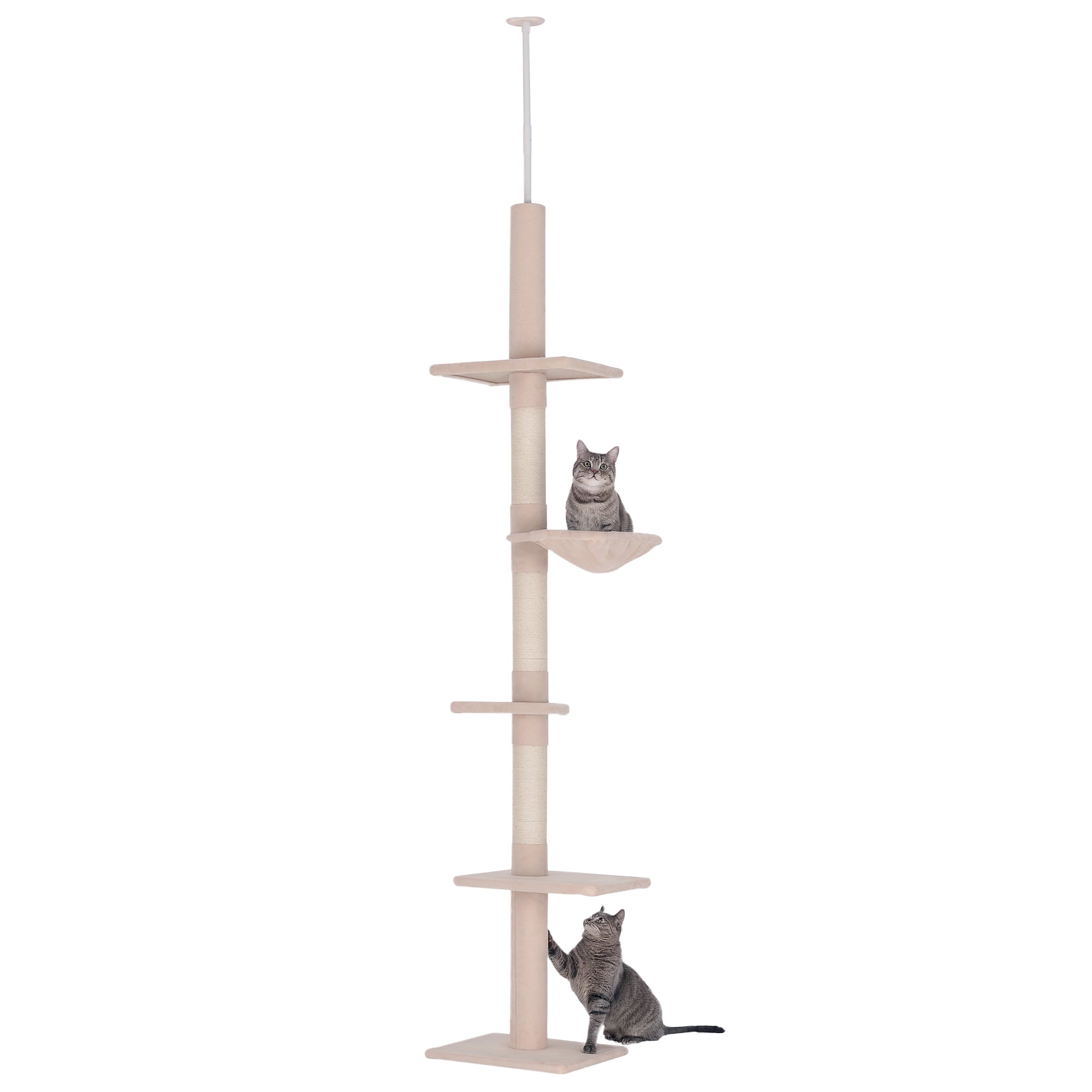  102" Adjustable Height Floor to Ceiling Cat Tree, 5 Level Cat Tower with Scratching Posts, Hammock, Beige — Cat Trees & Cond