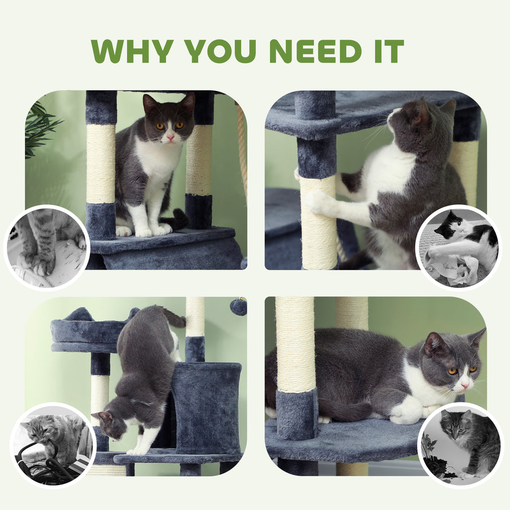  81" Cat Tree w/ Cat Scratching Posts, Scratching Board, Condos, Beds, Hammocks, Toy Balls, Rope Cat Toy, Gray — Cat Trees & 