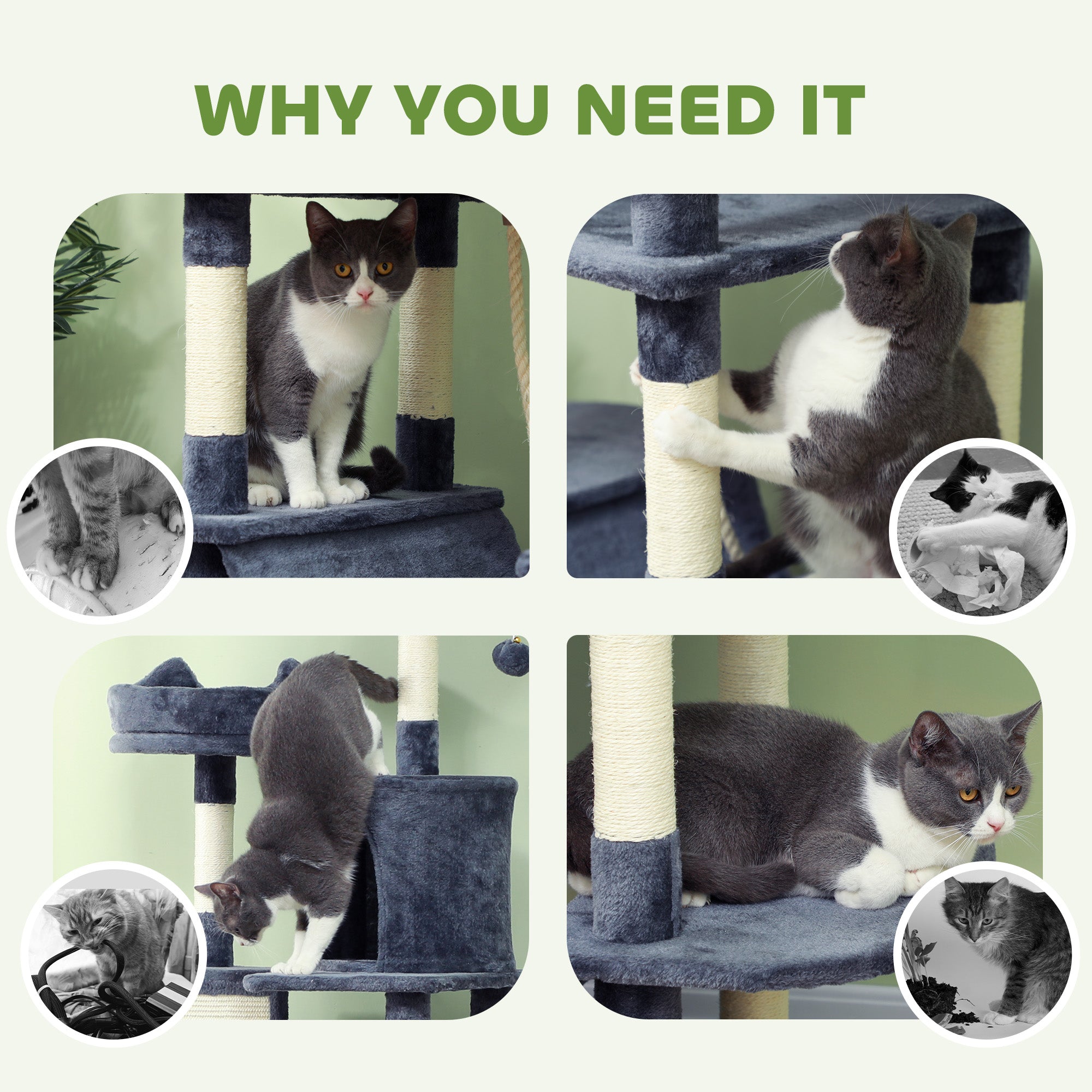  81" Cat Tree w/ Cat Scratching Posts, Scratching Board, Condos, Beds, Hammocks, Toy Balls, Rope Cat Toy, Gray — Cat Trees & 
