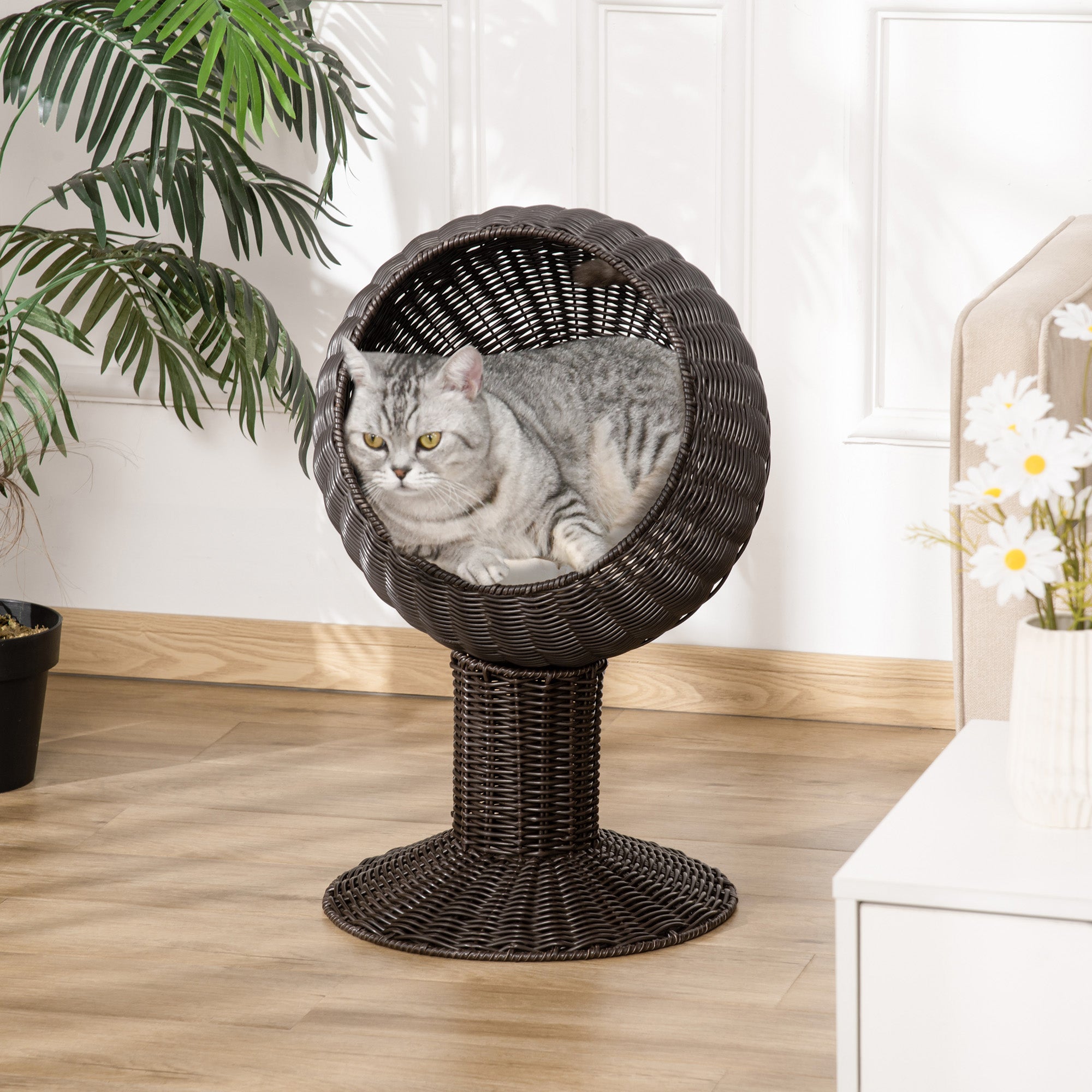  Elevated Cat Bed with Rotatable Egg Chair Pod, Cat Basket Bed with Thick Cushion, Natural Mat Grass Woven Kitty House, Coffe