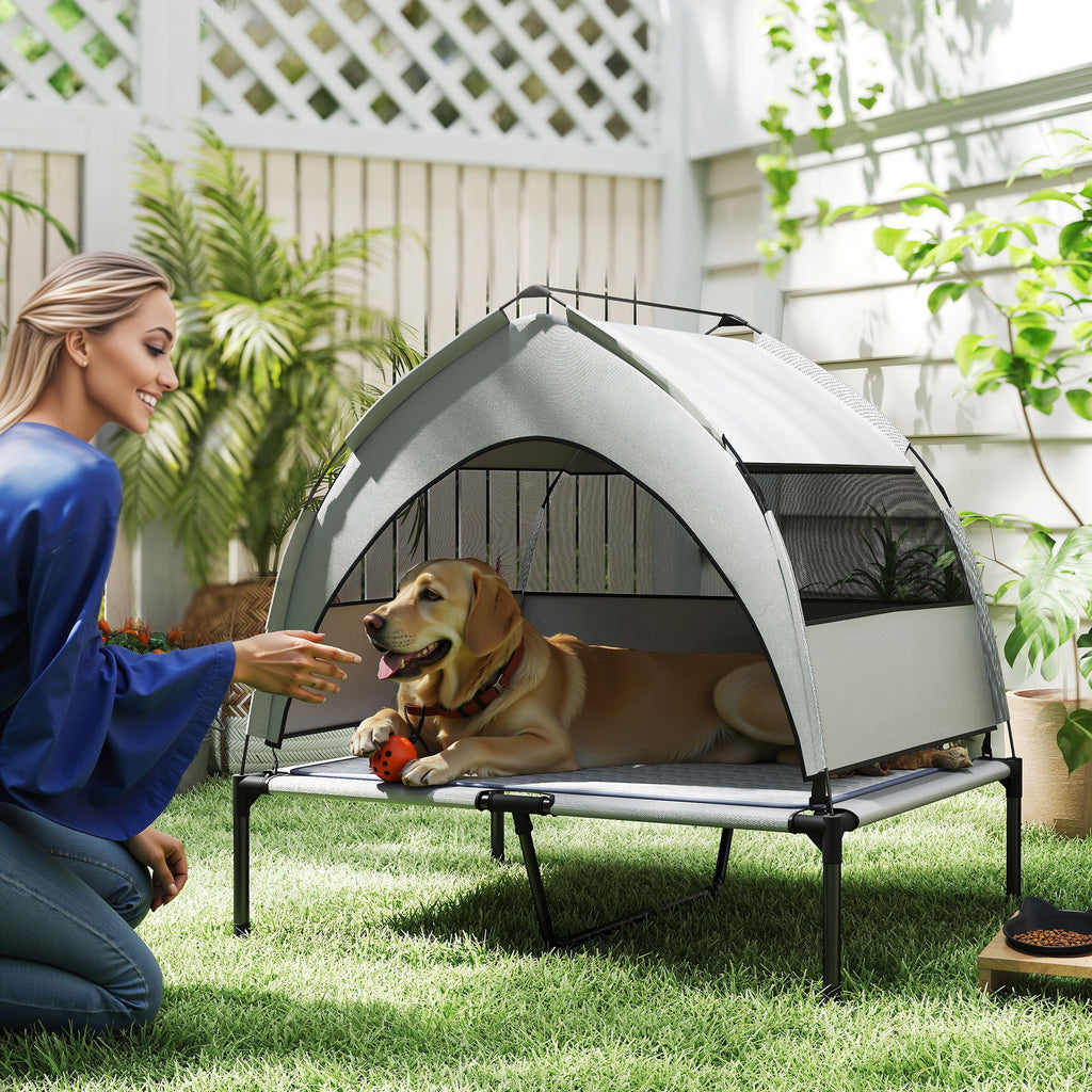  Elevated Dog Bed with Removable Canopy, Portable Outside Raised Pet Cot with Cooling Pad, Storage Bag, 36" x 29.5" x 35" — D