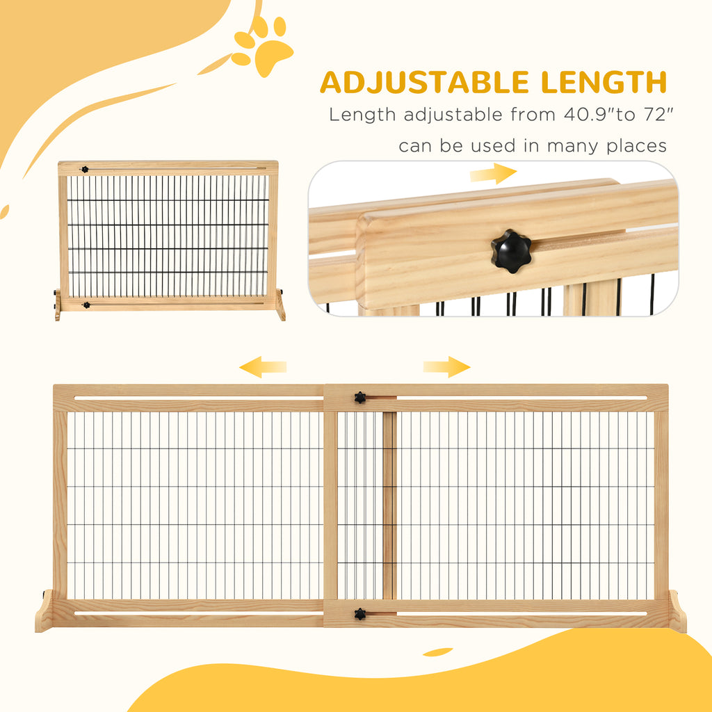  71" W x 27" H Extra Wide Freestanding Pet Gate with Adjustable Length Dog, Cat, Barrier for House, Doorway, Hallway, Natural