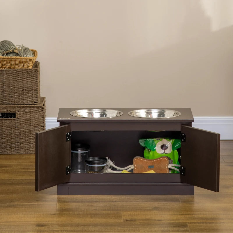 Elevated Dog Bowls With Storage, Two Stainless Steel Bowls For Large Dogs, Coffee — Dog Bowls & Feeders | GetPawsy