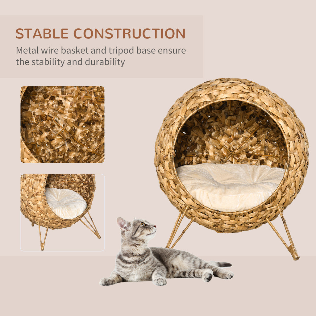 20.5" Weaved Cat Bed, Elevated Hand-woven Braided Banana Leaf Kitten House Condo with Cushion, Natural — Cat Beds | GetPawsy