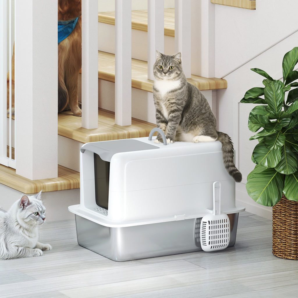  2 in 1 Stainless Steel Cat Litter Box with Removable Lid, Scoop, Filter Bags, for Small to Large Cats, White — Cat Litter Bo
