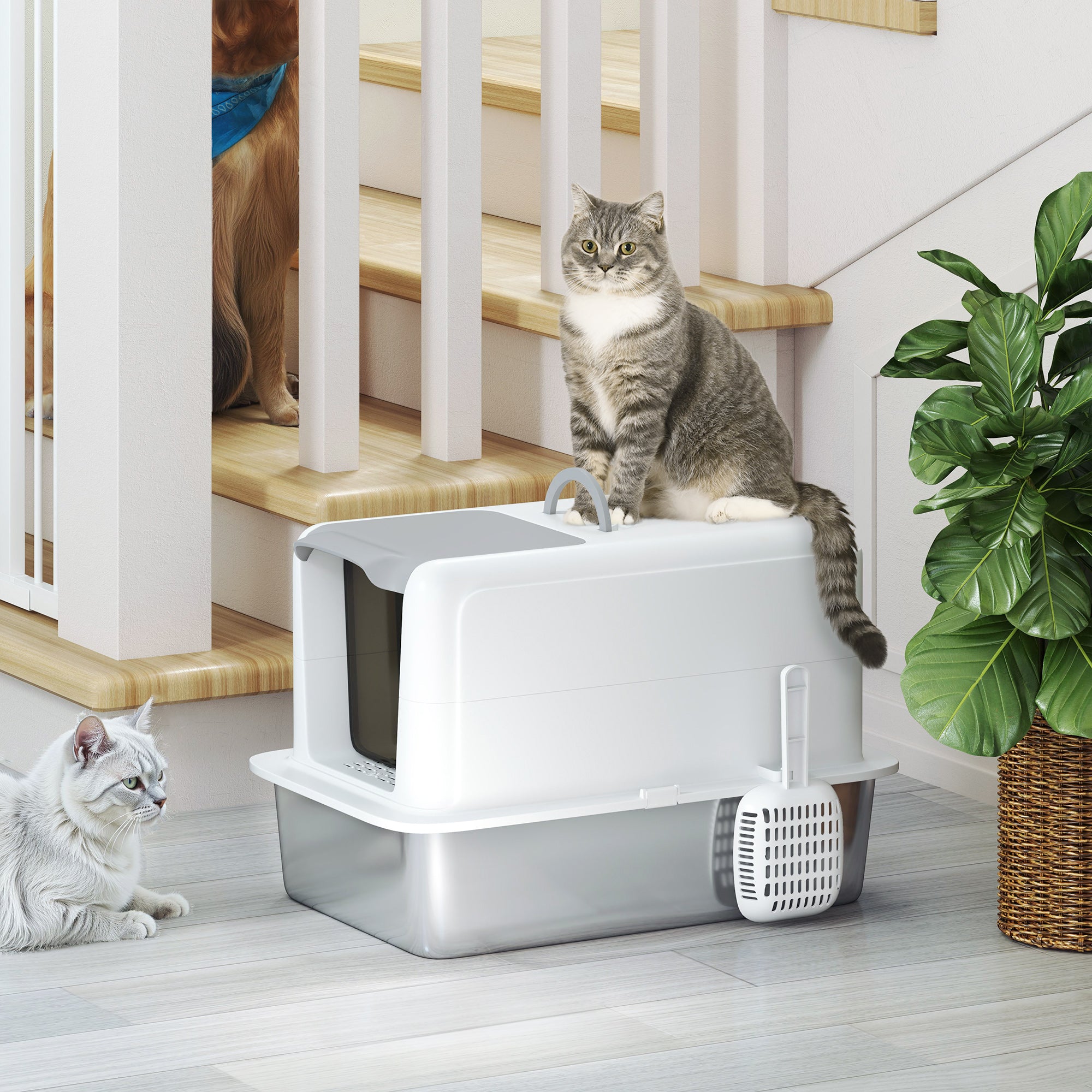  2 in 1 Stainless Steel Cat Litter Box with Removable Lid, Scoop, Filter Bags, for Small to Large Cats, White — Cat Litter Bo