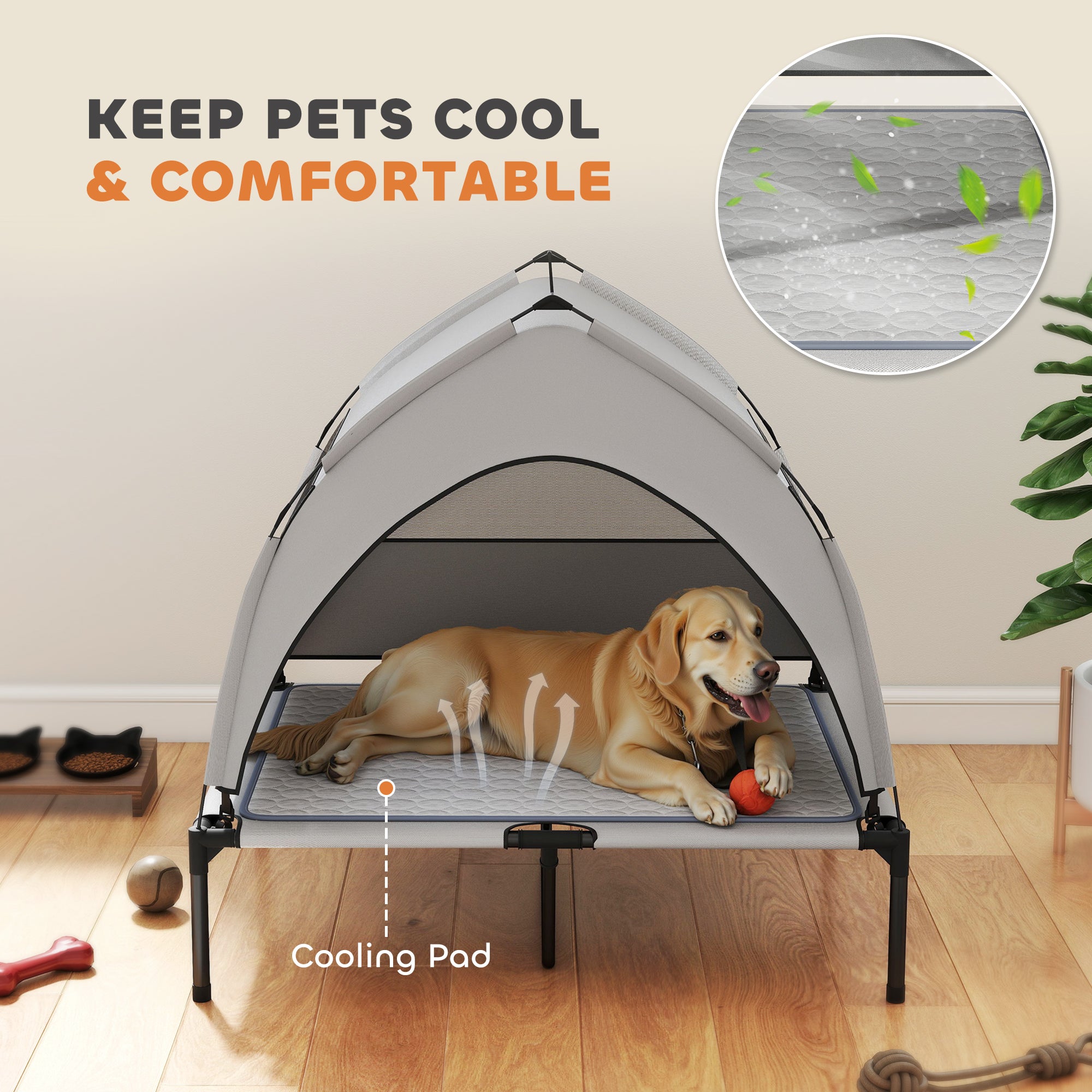  Elevated Dog Bed with Removable Canopy, Portable Outside Raised Pet Cot with Cooling Pad, Storage Bag, 36" x 29.5" x 35" — D