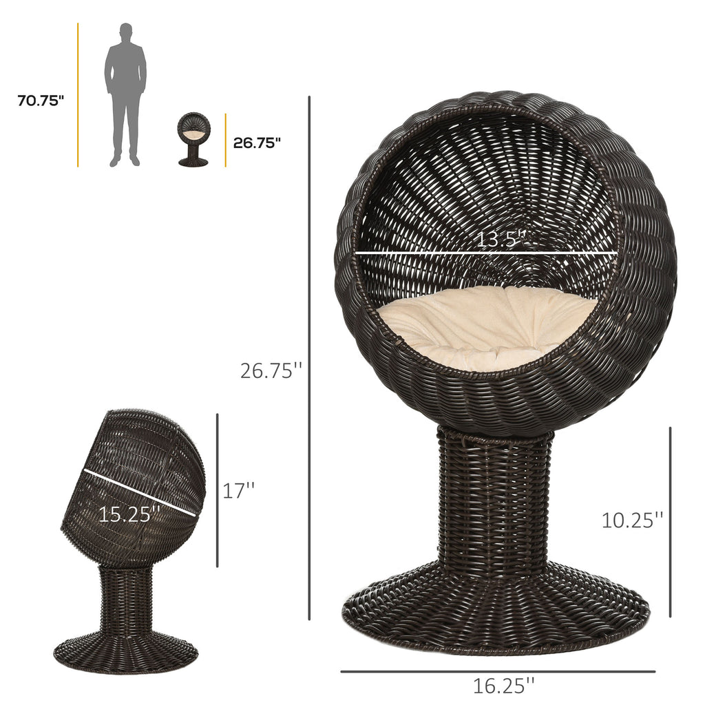  Elevated Cat Bed with Rotatable Egg Chair Pod, Cat Basket Bed with Thick Cushion, Natural Mat Grass Woven Kitty House, Coffe
