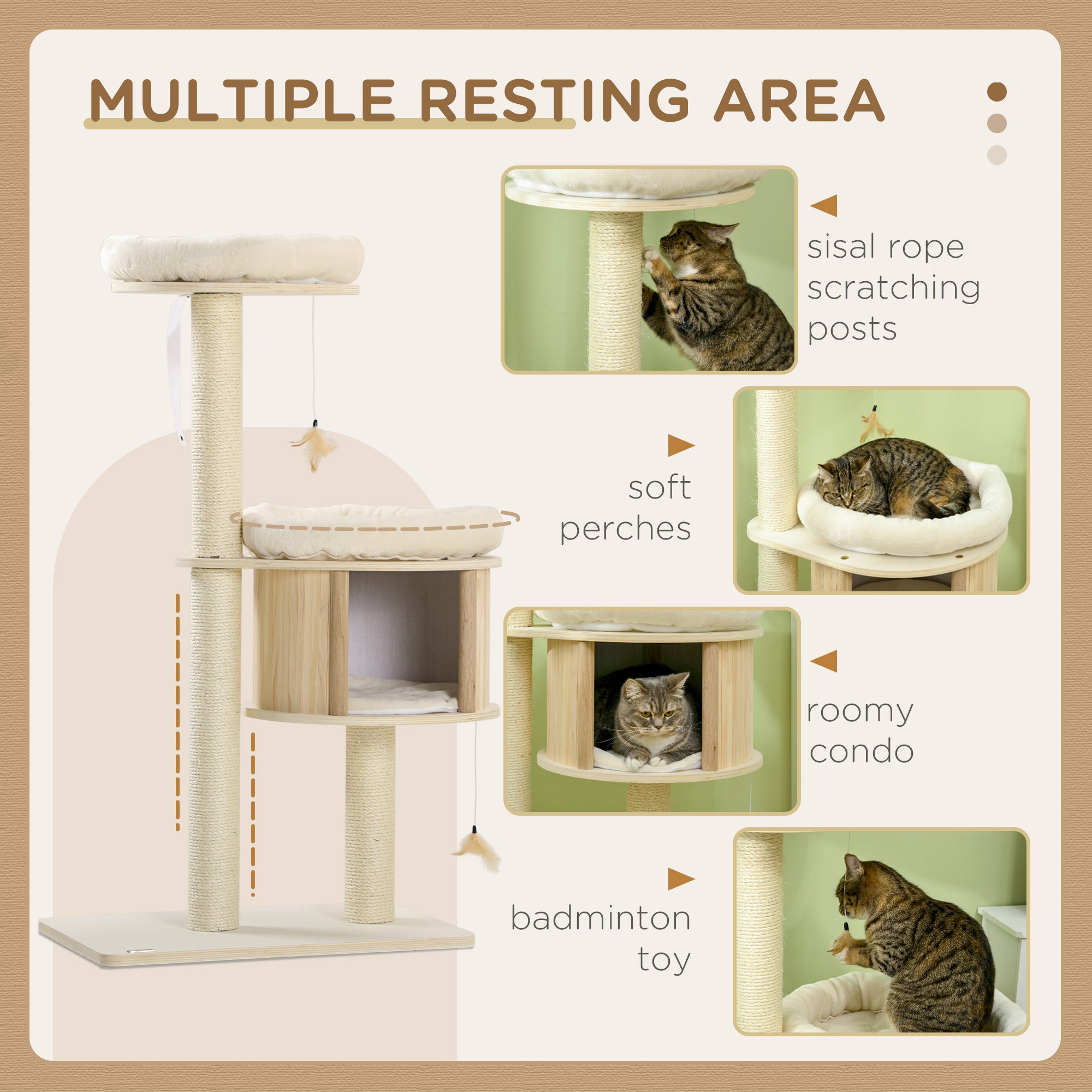  Cat Tree, 3 Level Cat Tower with Scratching Posts, Bed, Condo, Badminton Toys, for Multiple Kittens — Cat Trees & Condos | G