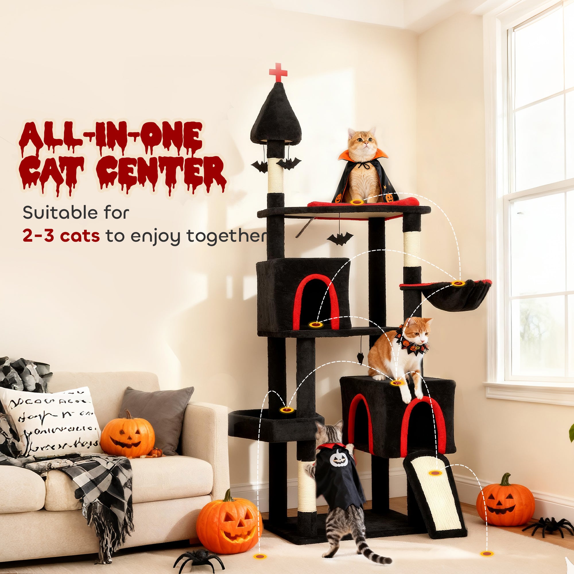 78" Gothic Cat Tree, Cat Tower with Coffin Bed, 2 Spacious Condos, Sisal Scratching Posts, Bat Hanging Balls, Halloween — Ca