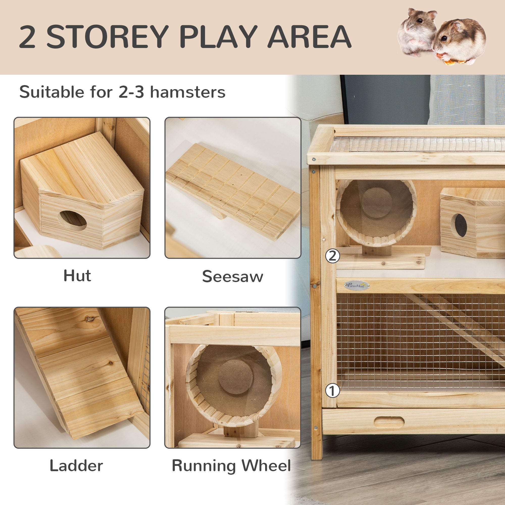  2-Tier Wooden Hamster Cage, Small Animals Hutch, w/ Seesaw, Tray — Hamster Cages | GetPawsy
