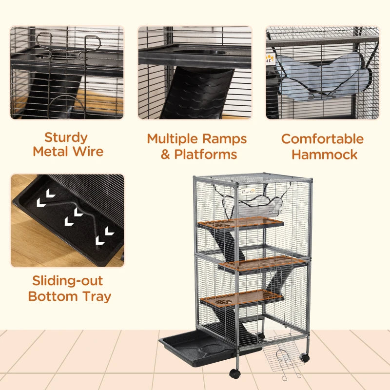 PawHut Metal Small Animal Cage Rolling Big Ferret Cage, Chinchilla Cage, Sugar Glider Cage, With Hammock & 4 Tiers, Removable