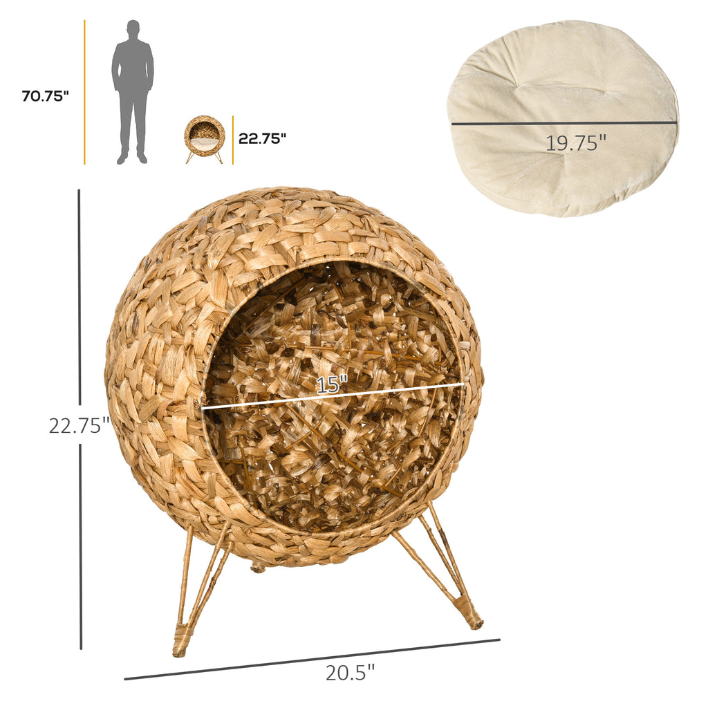  20.5" Weaved Cat Bed, Elevated Hand-woven Braided Banana Leaf Kitten House Condo with Cushion, Natural — Cat Beds | GetPawsy