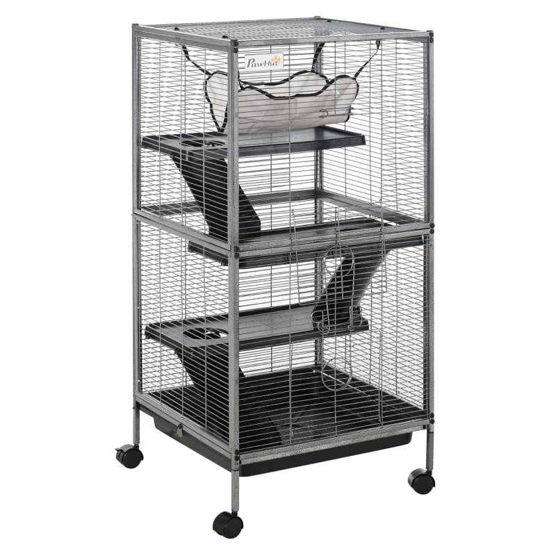 PawHut Metal Small Animal Cage Rolling Big Ferret Cage, Chinchilla Cage, Sugar Glider Cage, With Hammock & 4 Tiers, Removable