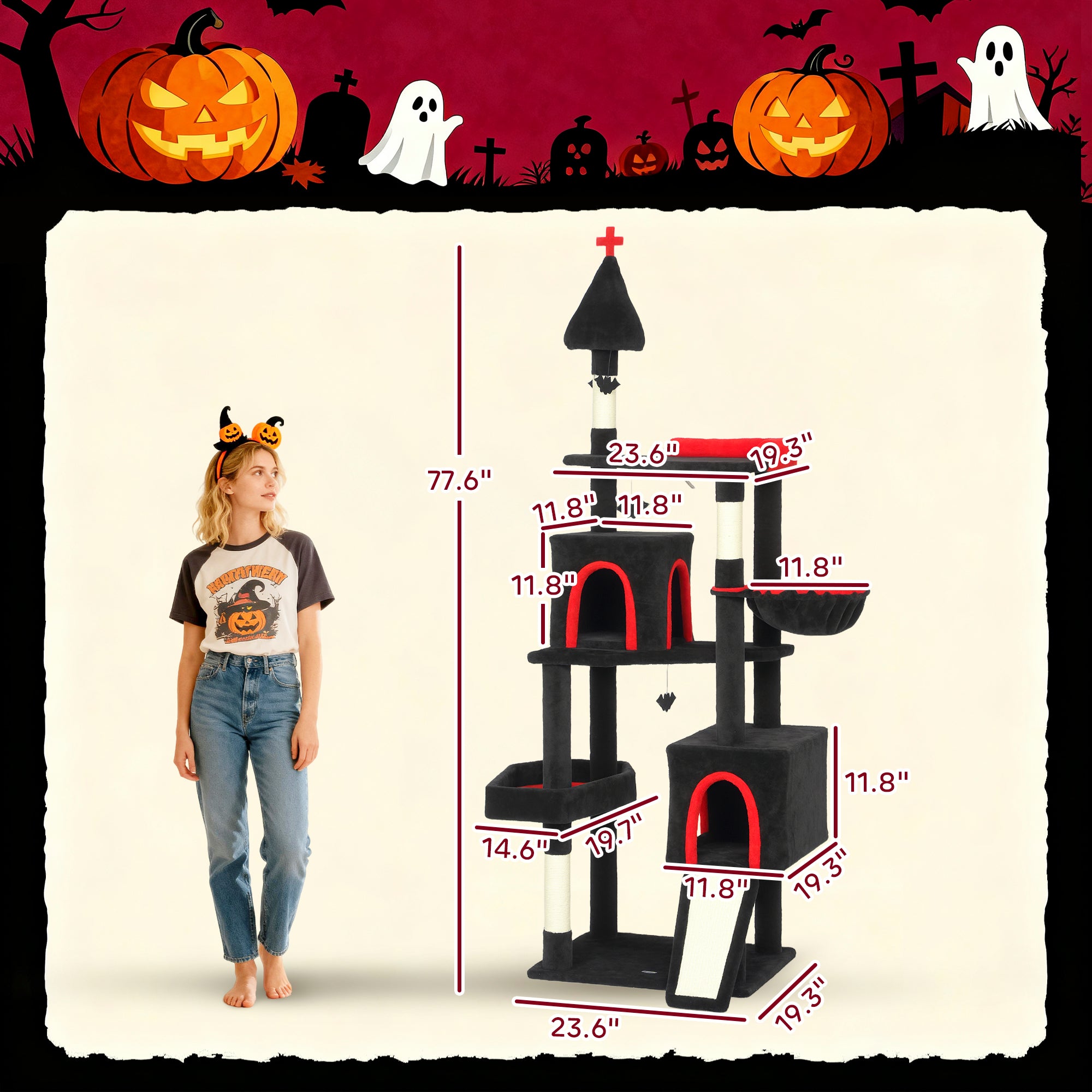  78" Gothic Cat Tree, Cat Tower with Coffin Bed, 2 Spacious Condos, Sisal Scratching Posts, Bat Hanging Balls, Halloween — Ca