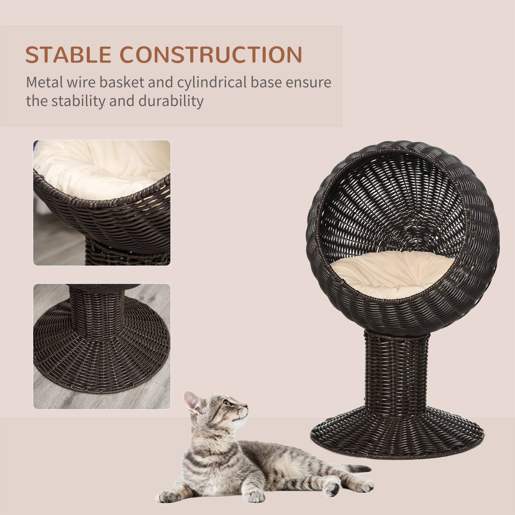  Elevated Cat Bed with Rotatable Egg Chair Pod, Cat Basket Bed with Thick Cushion, Natural Mat Grass Woven Kitty House, Coffe