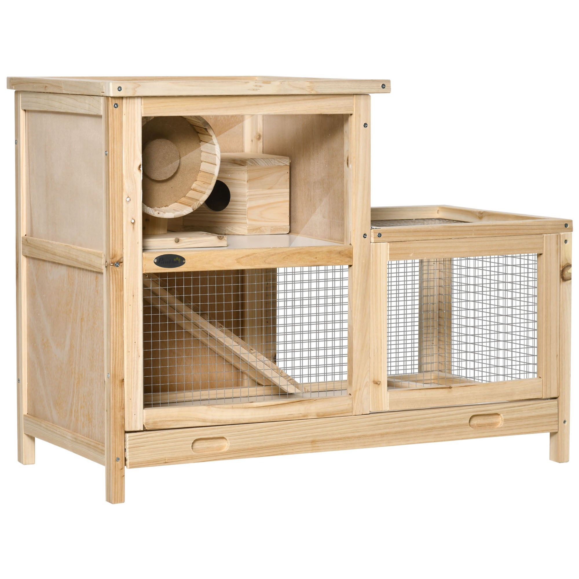  2-Tier Wooden Hamster Cage, Small Animals Hutch, w/ Seesaw, Tray — Hamster Cages | GetPawsy