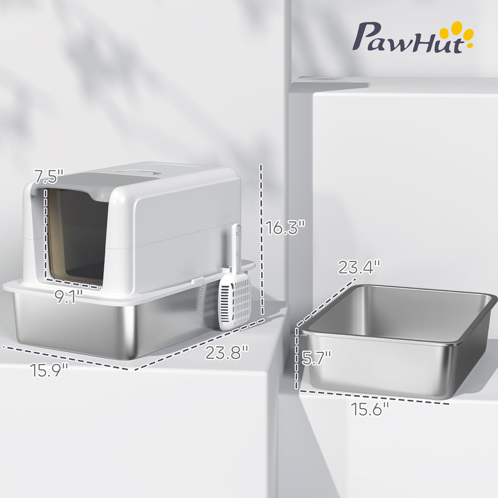  2 in 1 Stainless Steel Cat Litter Box with Removable Lid, Scoop, Filter Bags, for Small to Large Cats, White — Cat Litter Bo