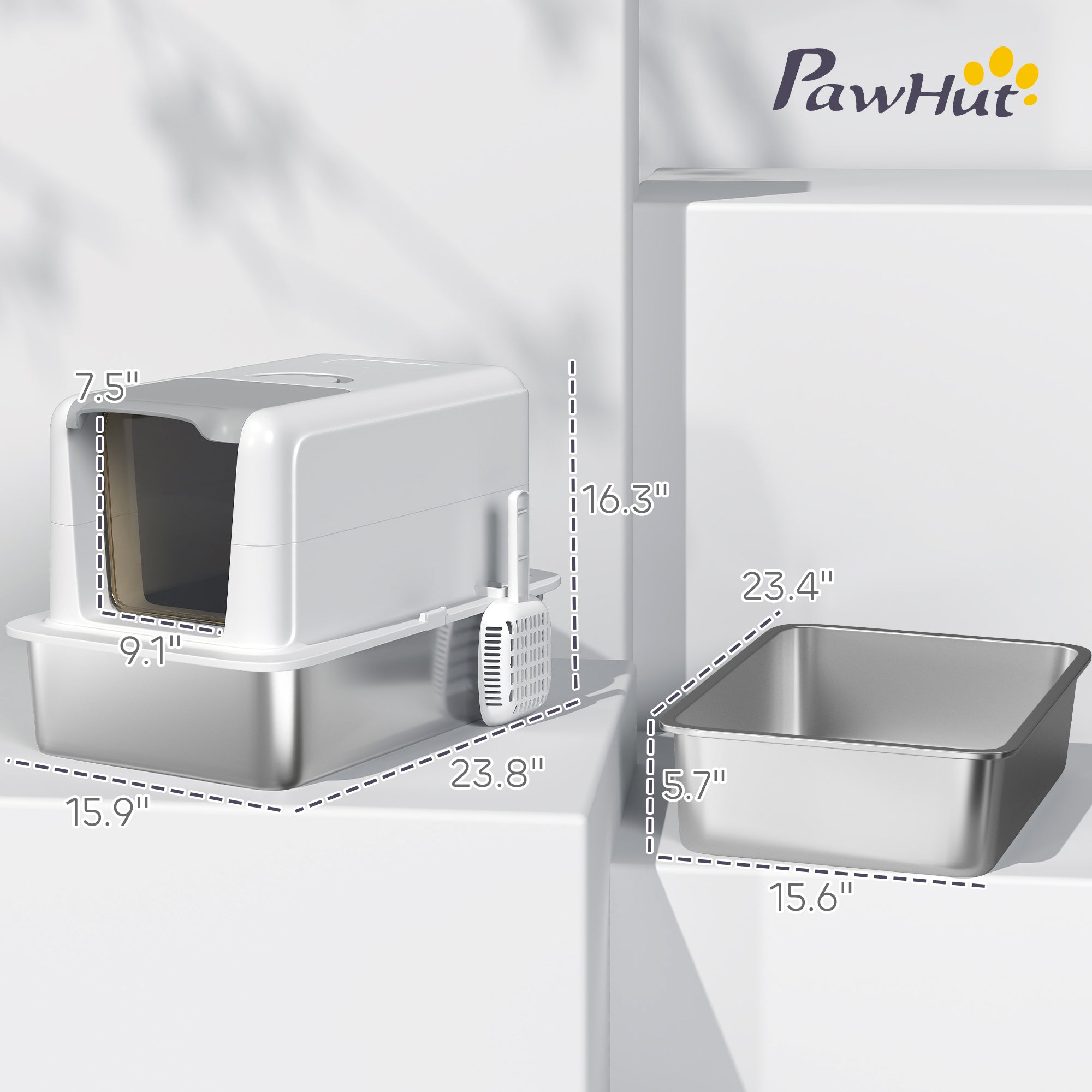  2 in 1 Stainless Steel Cat Litter Box with Removable Lid, Scoop, Filter Bags, for Small to Large Cats, White — Cat Litter Bo