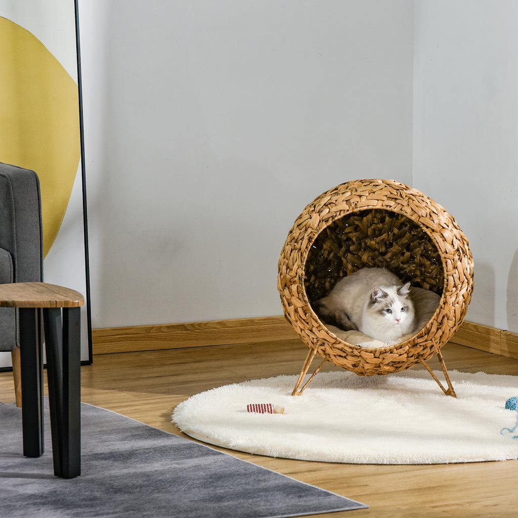  20.5" Weaved Cat Bed, Elevated Hand-woven Braided Banana Leaf Kitten House Condo with Cushion, Natural — Cat Beds | GetPawsy