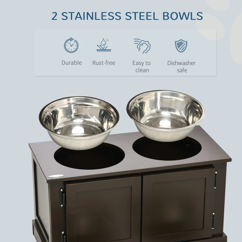 Elevated Dog Bowls With Storage, Two Stainless Steel Bowls For Large Dogs, Coffee — Dog Bowls & Feeders | GetPawsy