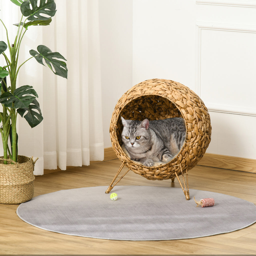  20.5" Weaved Cat Bed, Elevated Hand-woven Braided Banana Leaf Kitten House Condo with Cushion, Natural — Cat Beds | GetPawsy