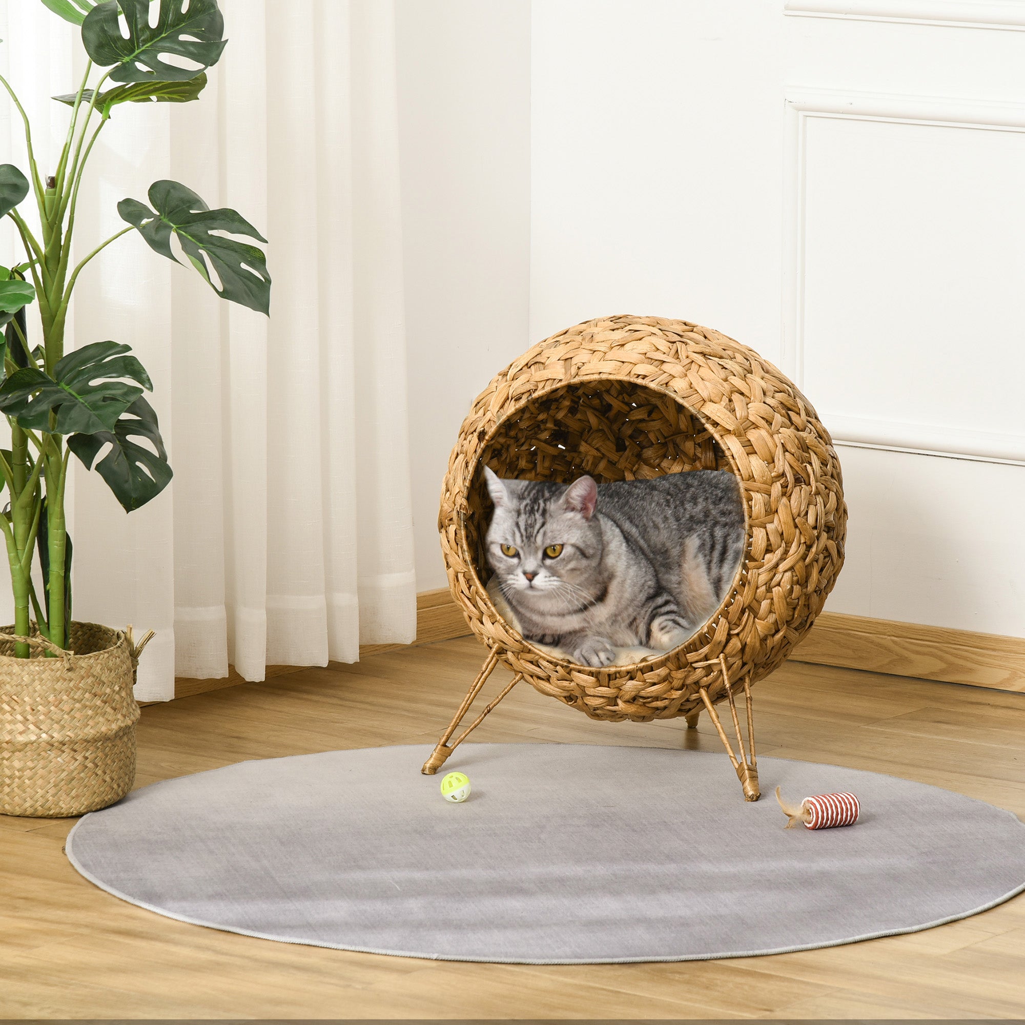  20.5" Weaved Cat Bed, Elevated Hand-woven Braided Banana Leaf Kitten House Condo with Cushion, Natural — Cat Beds | GetPawsy