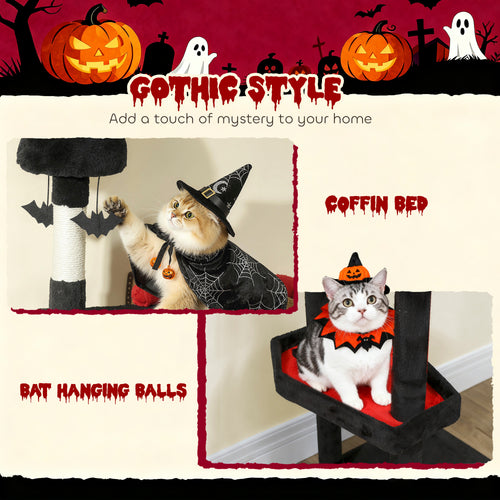  78" Gothic Cat Tree, Cat Tower with Coffin Bed, 2 Spacious Condos, Sisal Scratching Posts, Bat Hanging Balls, Halloween — Ca