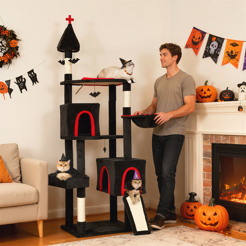 78" Gothic Cat Tree, Cat Tower with Coffin Bed, 2 Spacious Condos, Sisal Scratching Posts, Bat Hanging Balls, Halloween — Ca