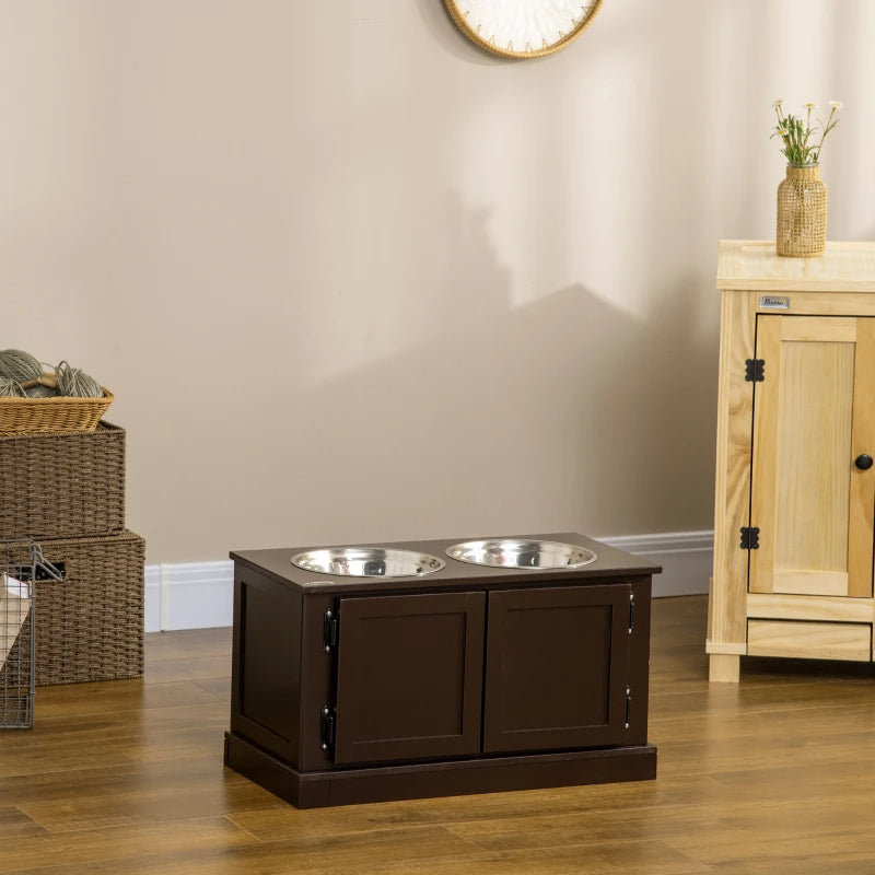 Elevated Dog Bowls With Storage, Two Stainless Steel Bowls For Large Dogs, Coffee — Dog Bowls & Feeders | GetPawsy