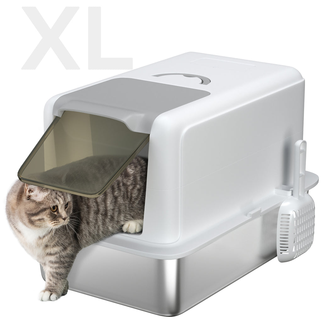  2 in 1 Stainless Steel Cat Litter Box with Removable Lid, Scoop, Filter Bags, for Small to Large Cats, White — Cat Litter Bo