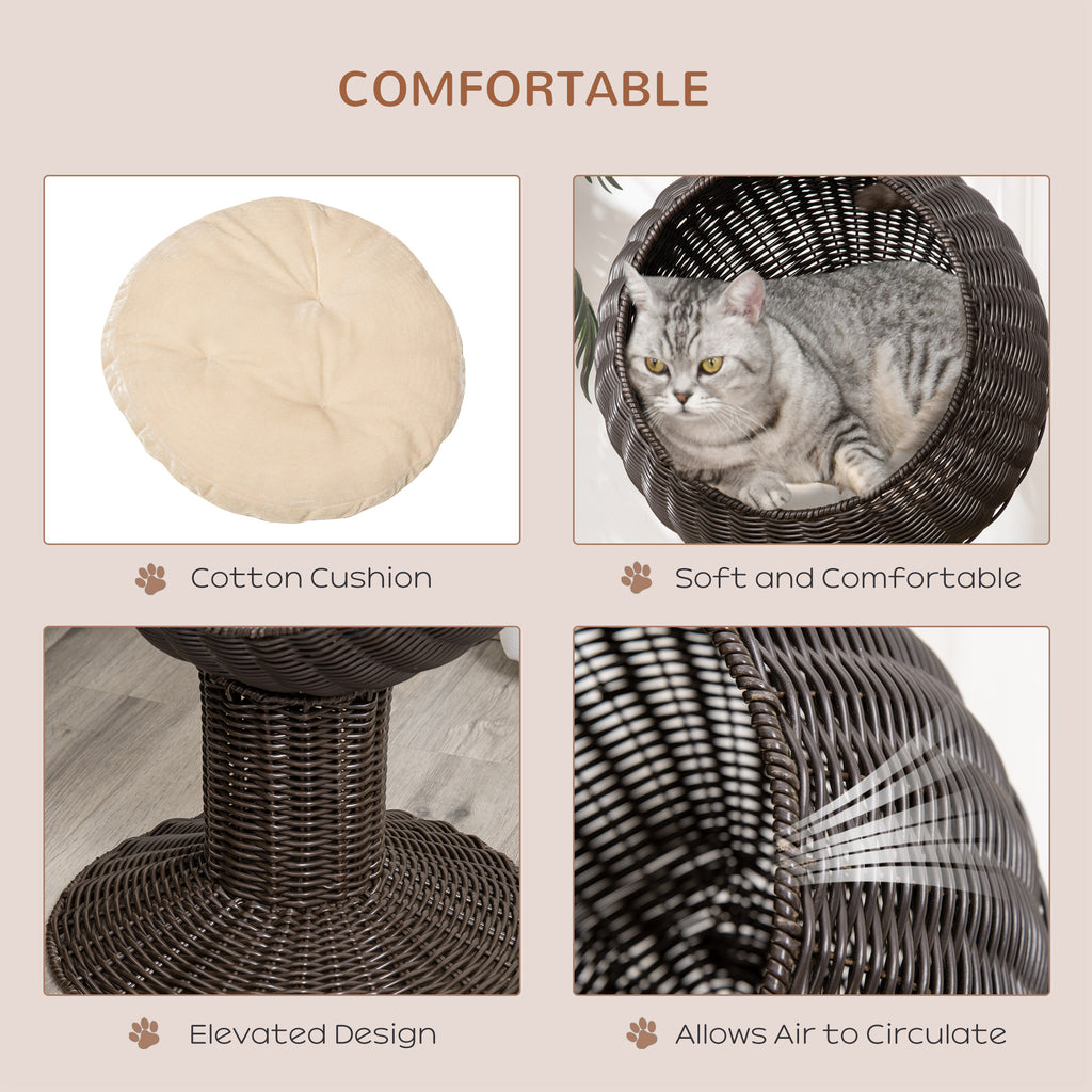  Elevated Cat Bed with Rotatable Egg Chair Pod, Cat Basket Bed with Thick Cushion, Natural Mat Grass Woven Kitty House, Coffe