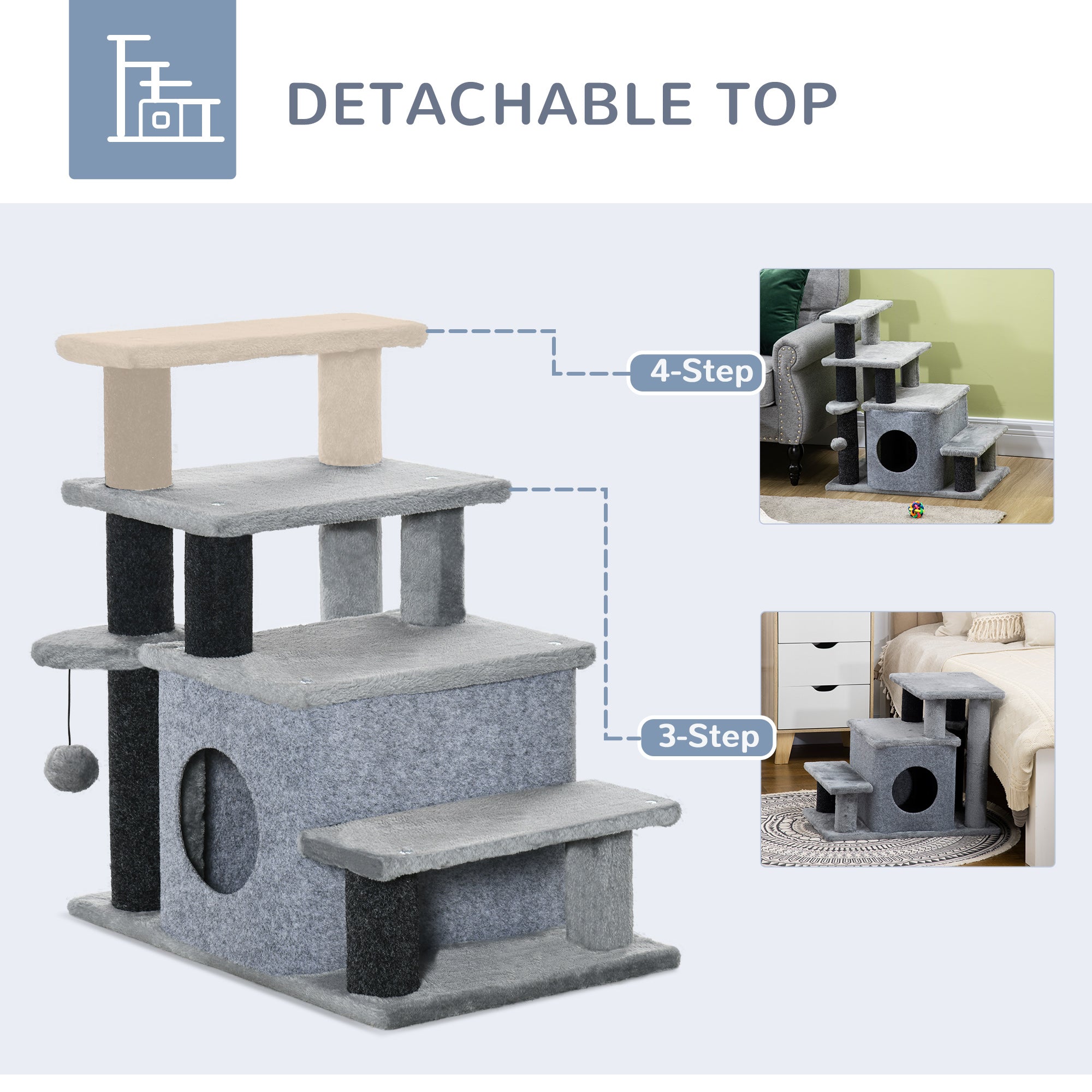  Adjustable Height 3 Step/4 Step Cat Stairs with Cat Scratching Post, Cat Condo, Toy Ball, for Bed, Sofa, Couch, Gray — Cat H