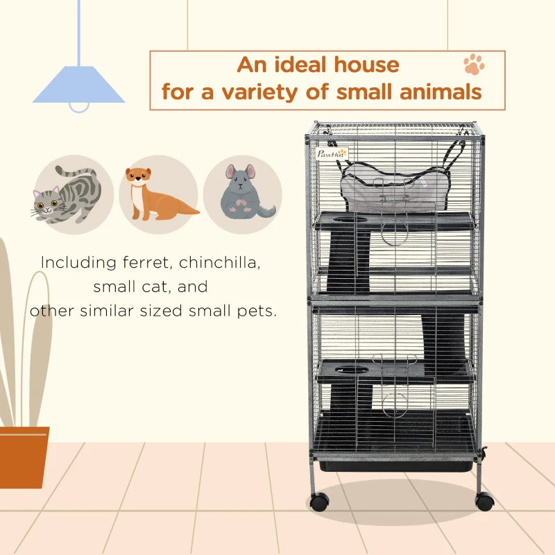 PawHut Metal Small Animal Cage Rolling Big Ferret Cage, Chinchilla Cage, Sugar Glider Cage, With Hammock & 4 Tiers, Removable