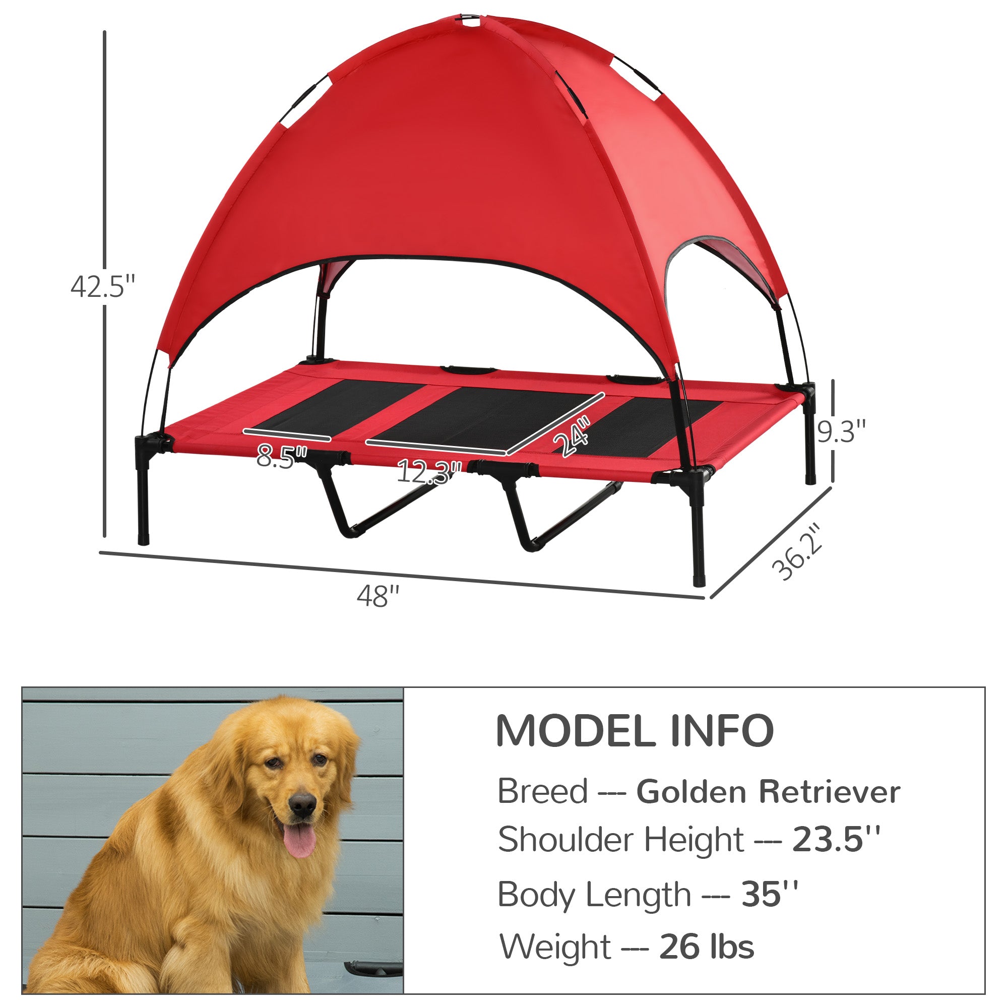  48" x 36" Elevated Portable Dog Cot Cooling Pet Bed with UV Protection Canopy Shade, Red — Dog Beds | GetPawsy