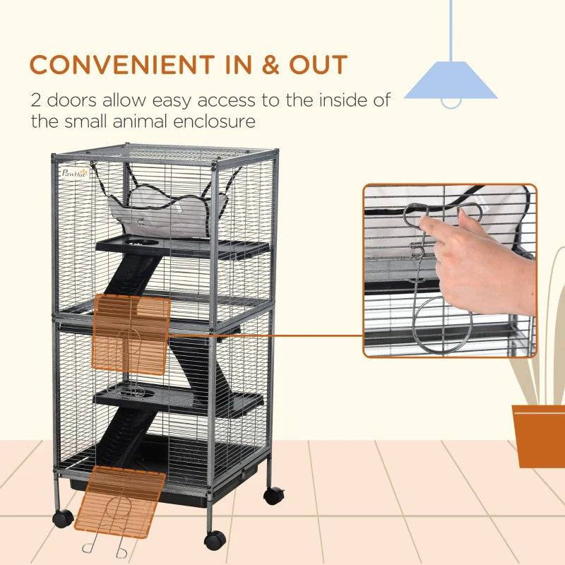 PawHut Metal Small Animal Cage Rolling Big Ferret Cage, Chinchilla Cage, Sugar Glider Cage, With Hammock & 4 Tiers, Removable